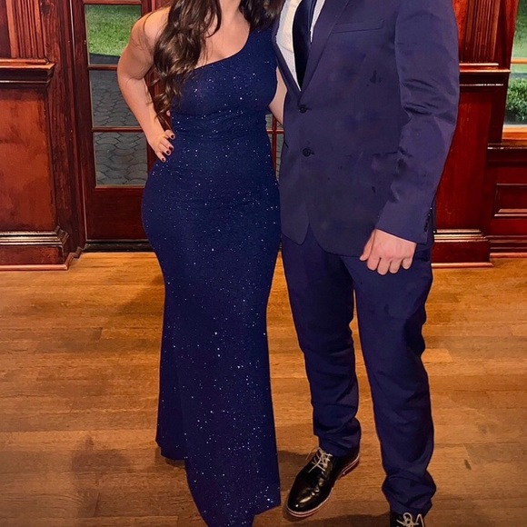 One Shoulder Navy Blue Glittery Gown - Picture 4 of 4